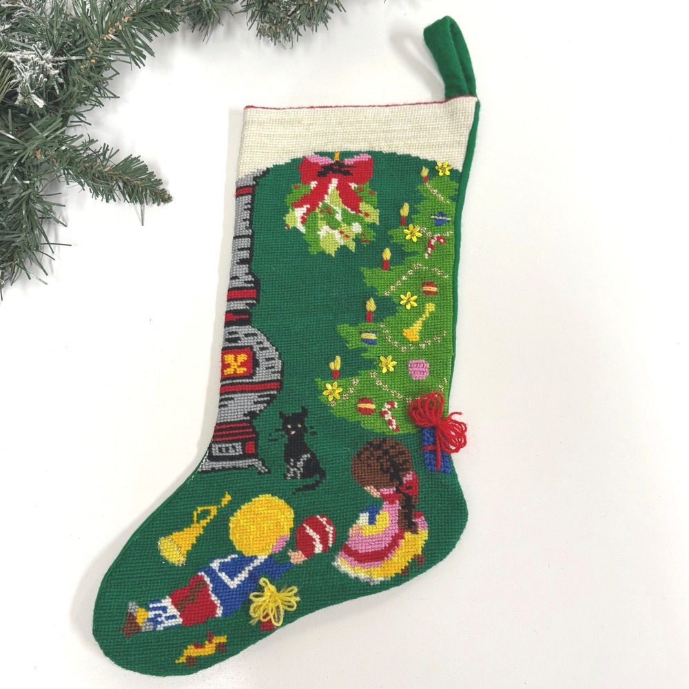 Vintage Needlepoint Christmas Stocking Children Cat Potbelly Stove Green